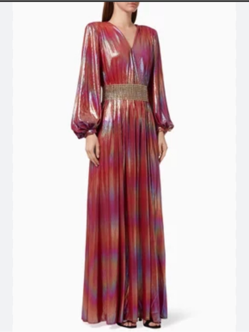 Bronx and Banco Red Multi Metallic Maxi Dress with Jeweled Waist